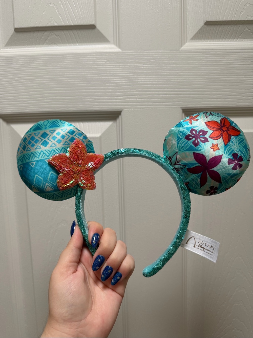 Disney Aulani Teal Aqua Floral Sequin Minnie Ears Headband